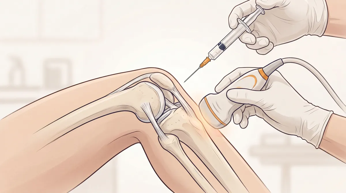 Ultrasound-guided regenerative injection into the side of an arthritic knee, a non-surgical alternative to knee replacement.